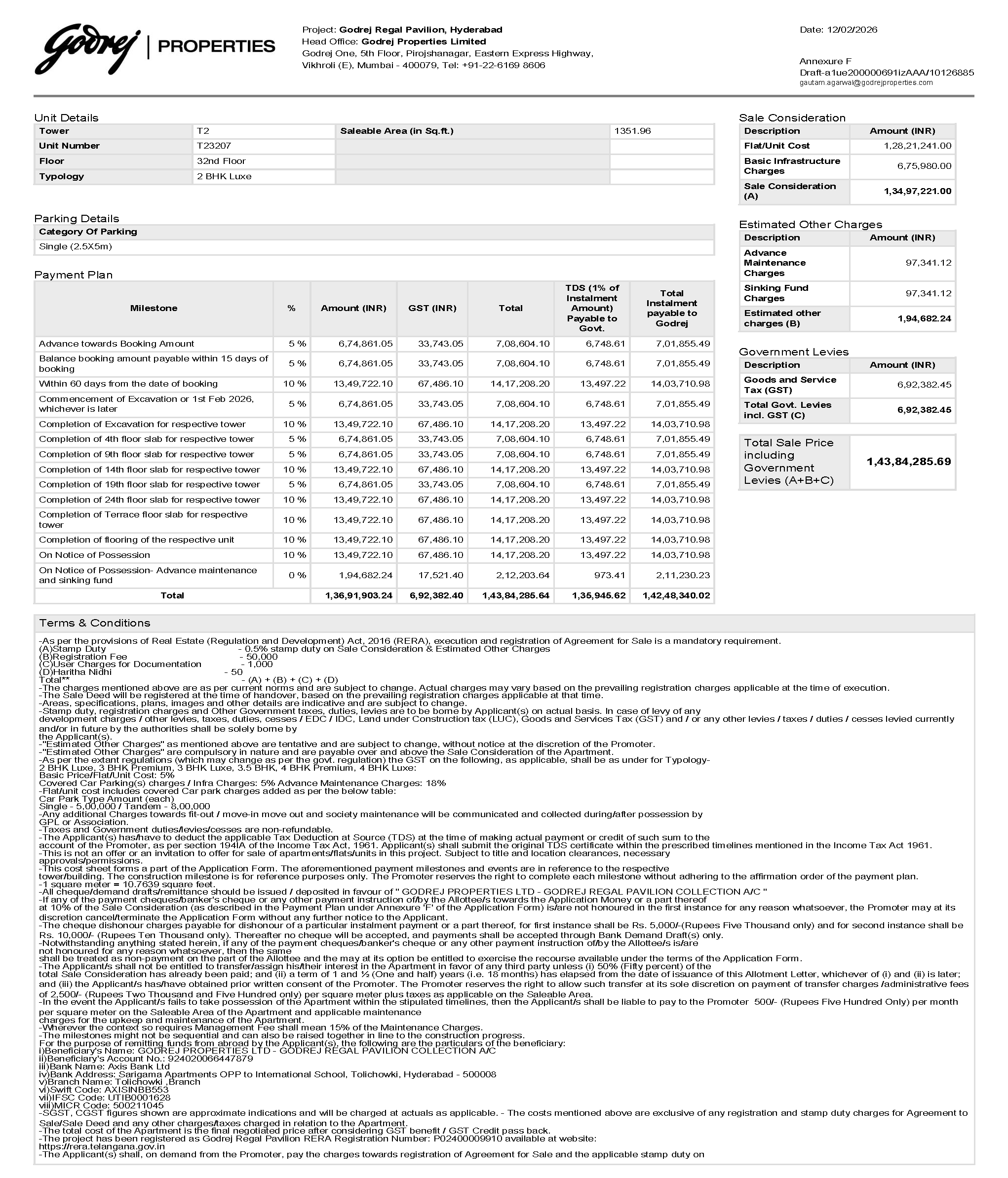 Godrej Kukatpally Property Cost Sheet - Payment Plan